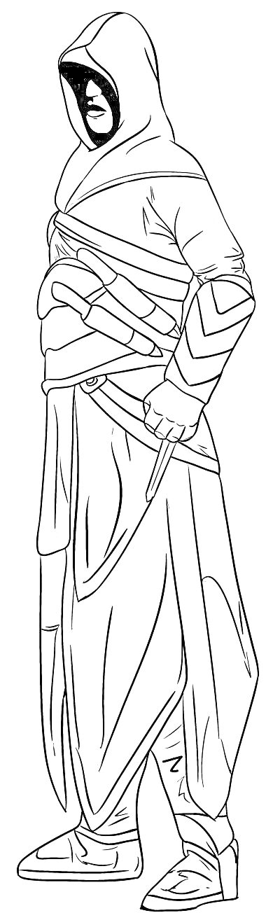 Раскраска Ассасин в капюшоне с длинным плащом, ремнями и кинжалом
