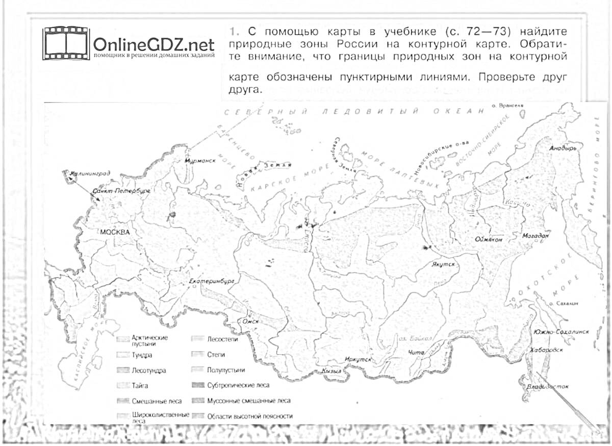 На раскраске изображено: Природные зоны, Россия, Карта, Границы, Контурные линии, Учебная карта