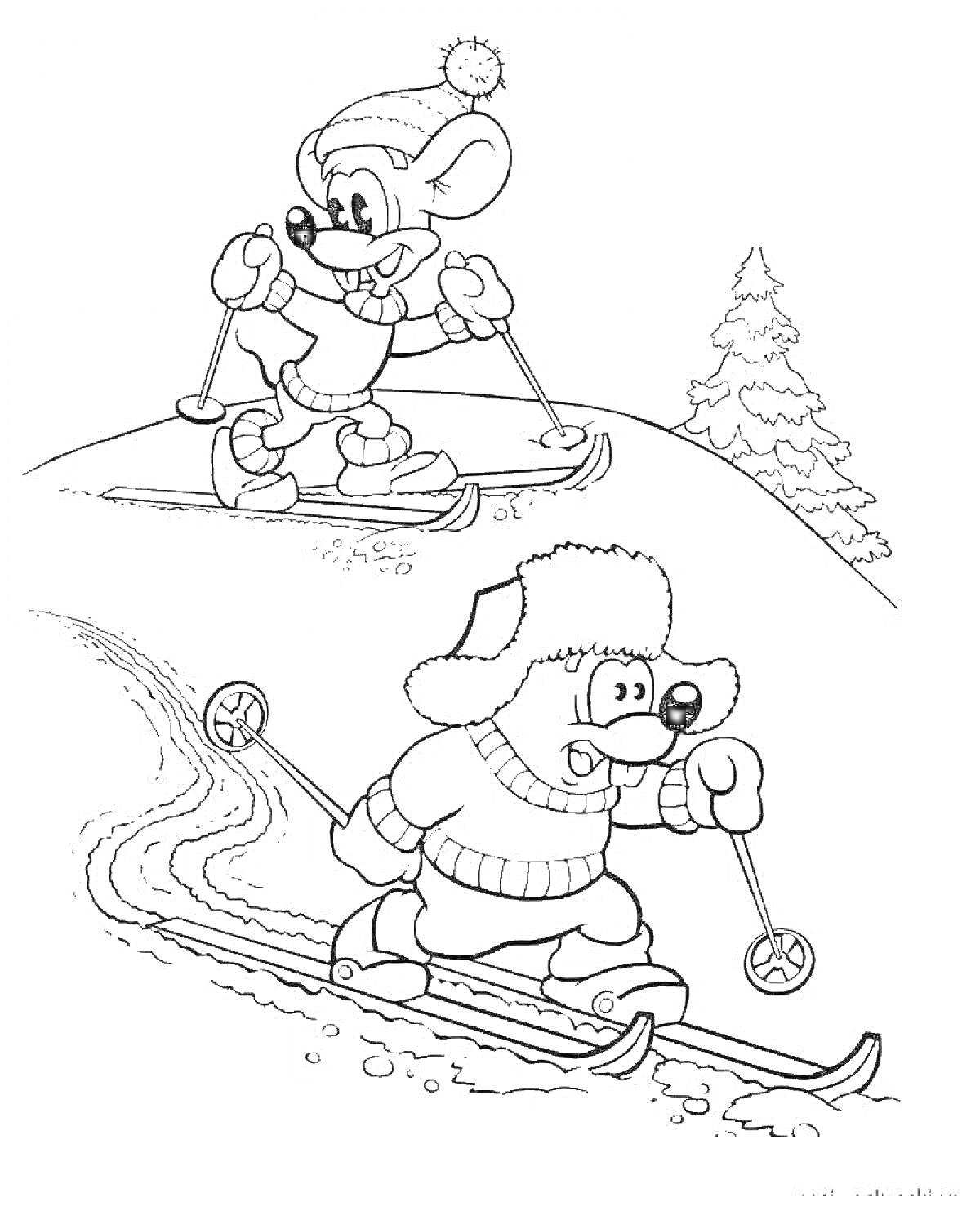 На раскраске изображено: Зима, Лыжи, Зимняя одежда, Снег, Лыжный спорт, Природа