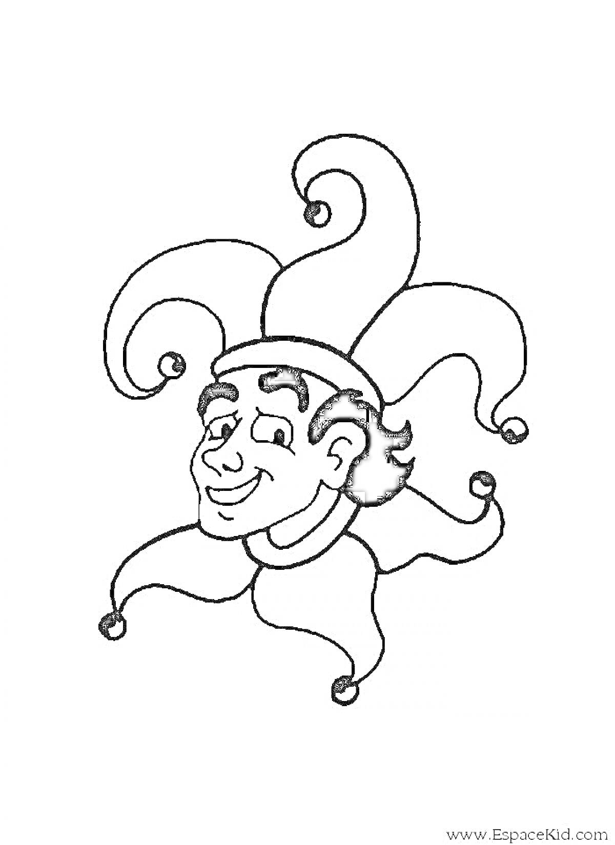 Раскраска Лицо шута в шутовском колпаке с мохнатыми волосами и колокольчиками