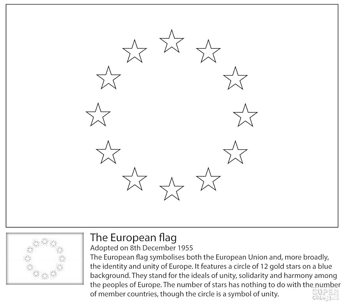 Раскраска флаг Европейского Союза, 12 звезд на синем фоне, описание флага