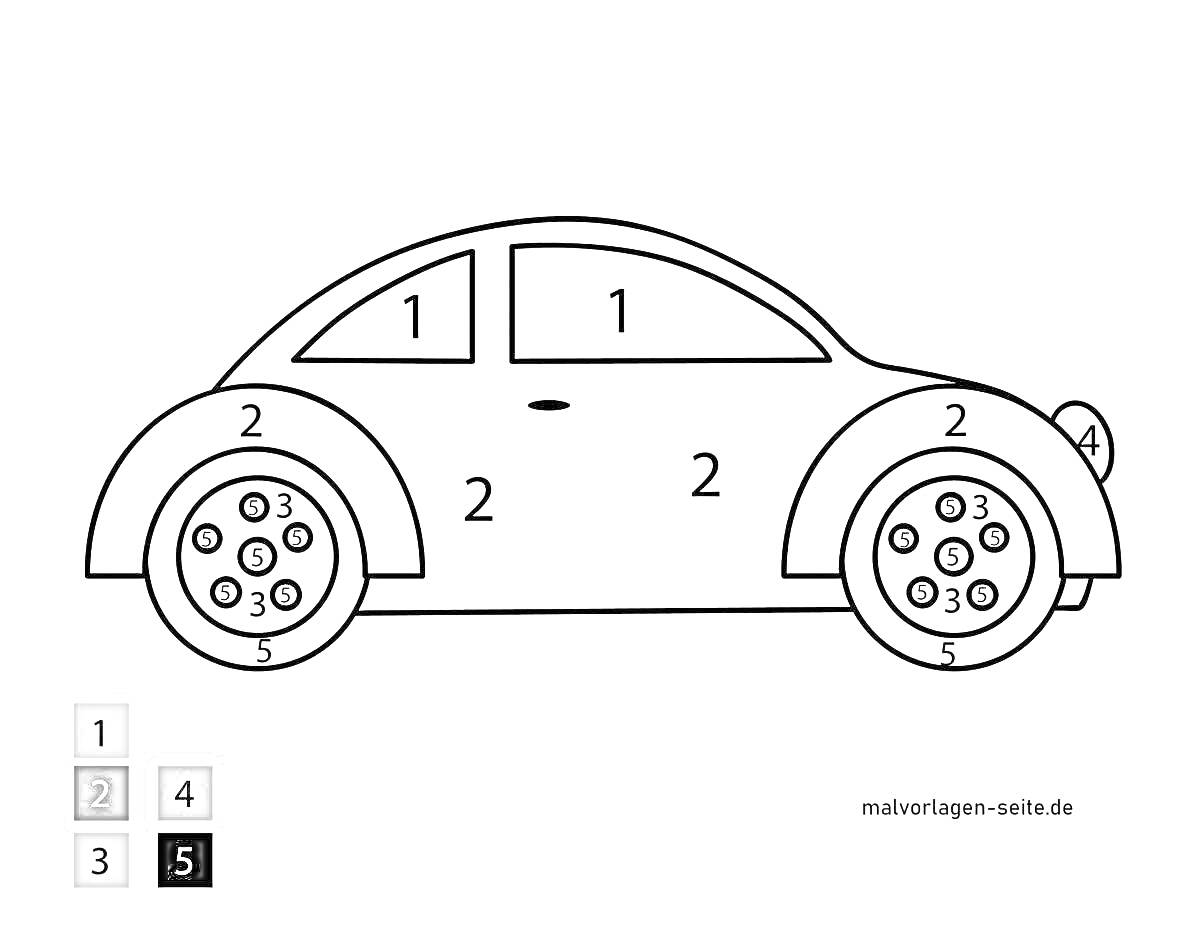 Раскраска раскраска автомобиля с номерами для заливки основных частей кузова, колес и деталей