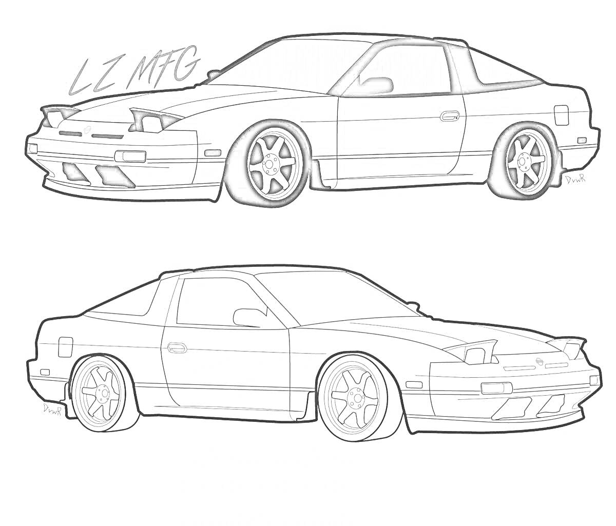 Раскраска Две иллюстрации автомобиля Nissan Silvia S13 с надписью 