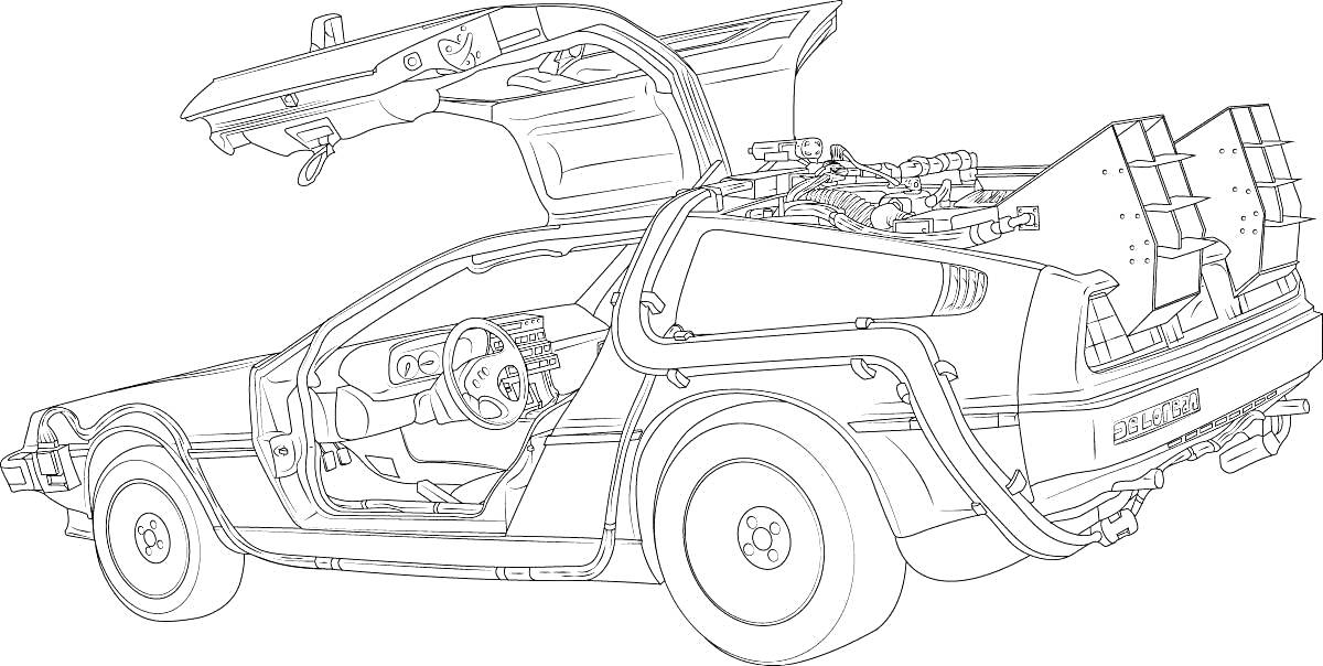 Раскраска ДеЛориан с открытыми дверьми-крыльями, вид сбоку с деталями управления, сиденьем водителя и задней частью автомобиля