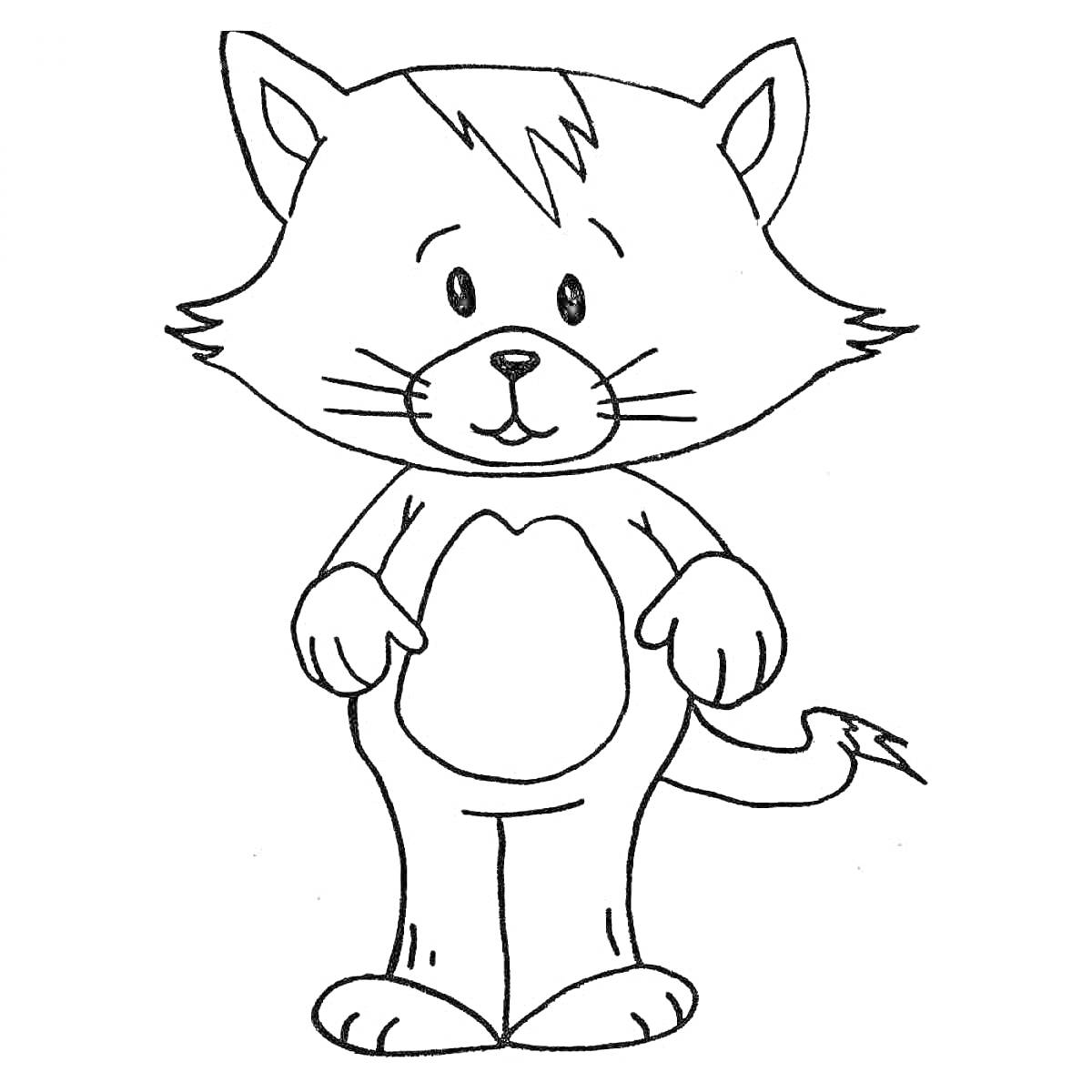 Раскраска Кот стоя прямо с лапками внизу и пучком шерсти на голове