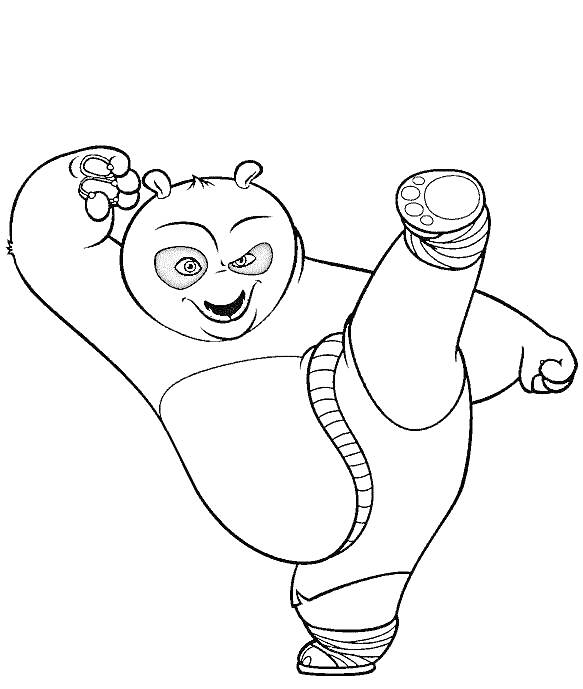 Панда в боевой позе, поднятая нога, кулак, смайлик на лице