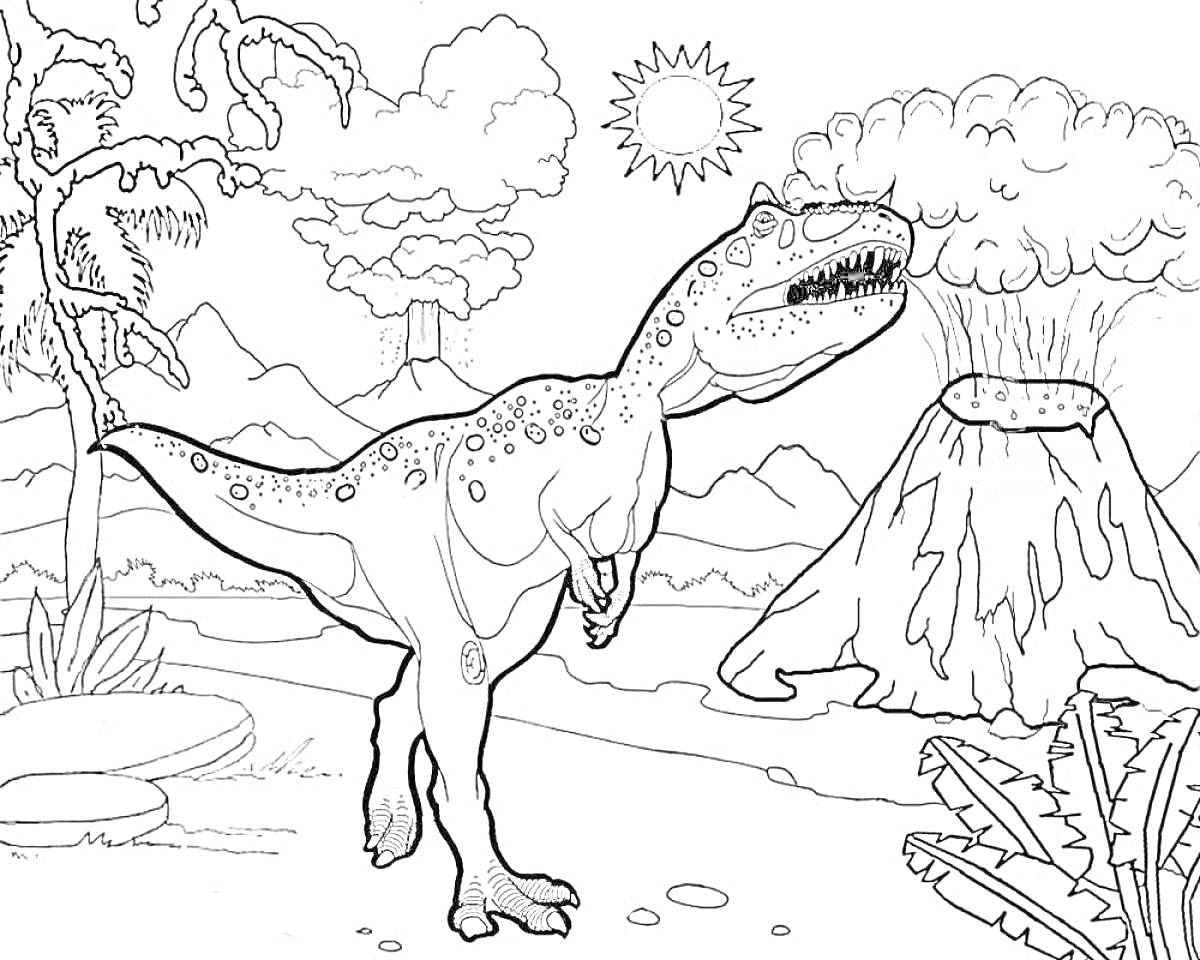 На раскраске изображено: Тираннозавр, Динозавр, Вулкан, Тропический лес, Деревья, Солнце, Природа
