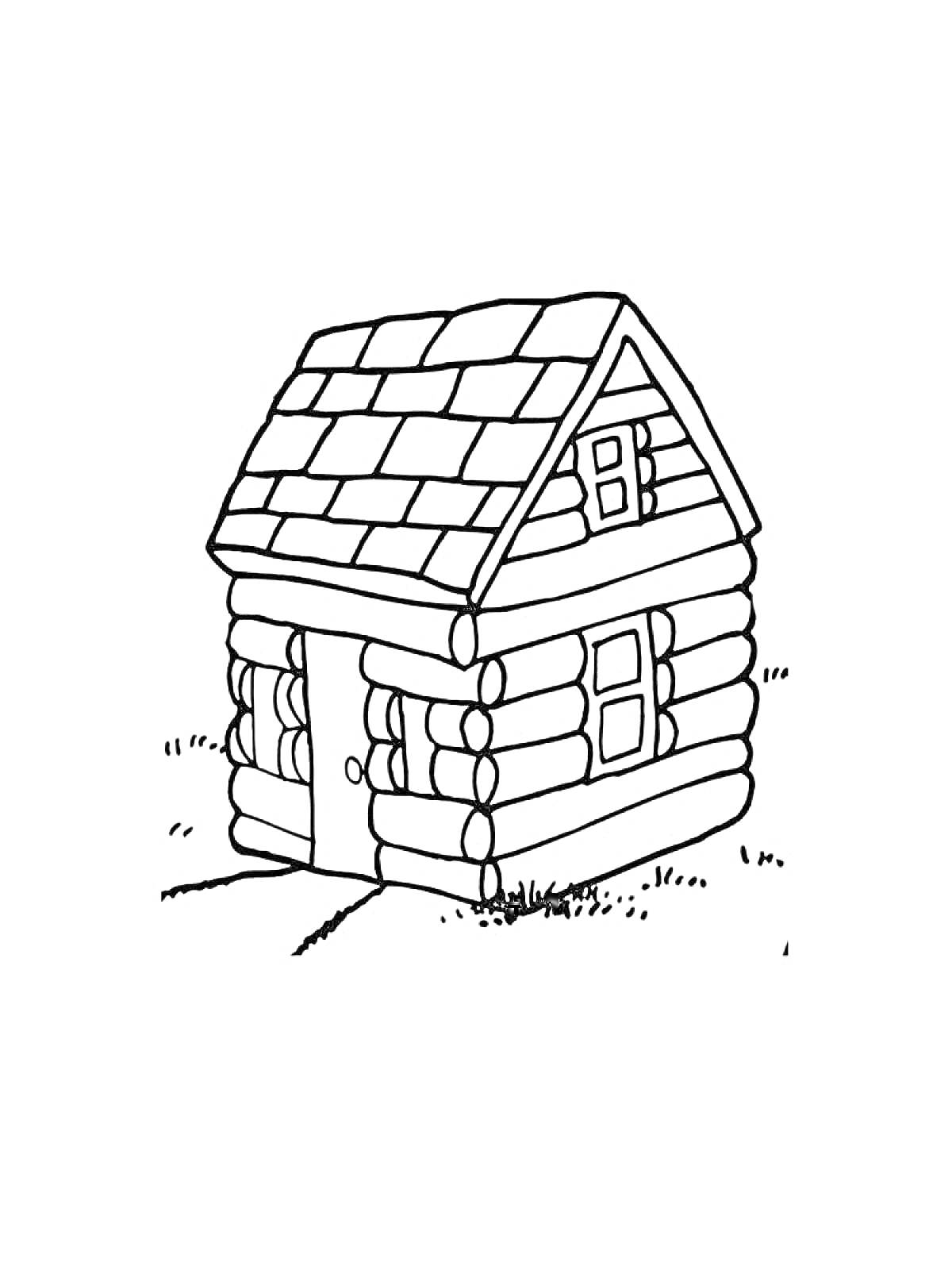На раскраске изображено: Изба, Деревянный дом, Бревенчатый дом, Окна, Дверь, Крыша, Трава