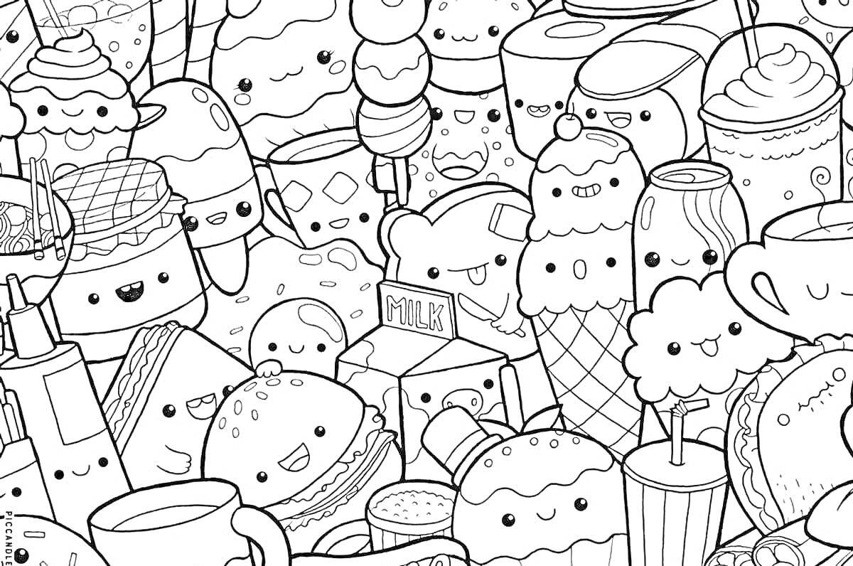 На раскраске изображено: Еда, Милые лица, Бургер, Мороженое, Кофе, Кекс, Торт, Молоко, Коктейль, Пирожное, Сладости, Напиток, Веселье, Десерты
