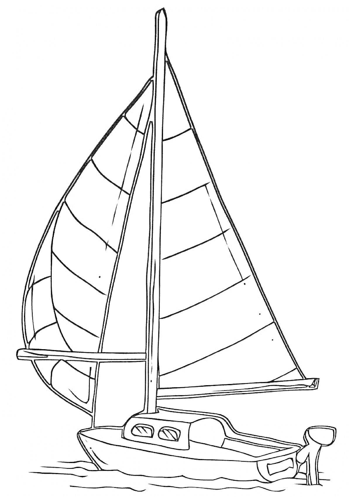 На раскраске изображено: Лодка, Вода, Паруса, Мотор, Плавание, Море