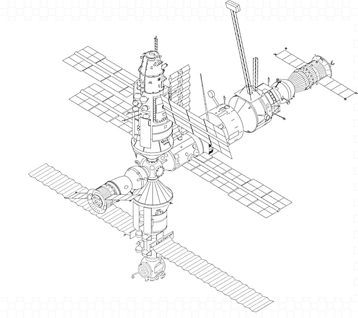 Международная космическая станция с солнечными панелями и модулями