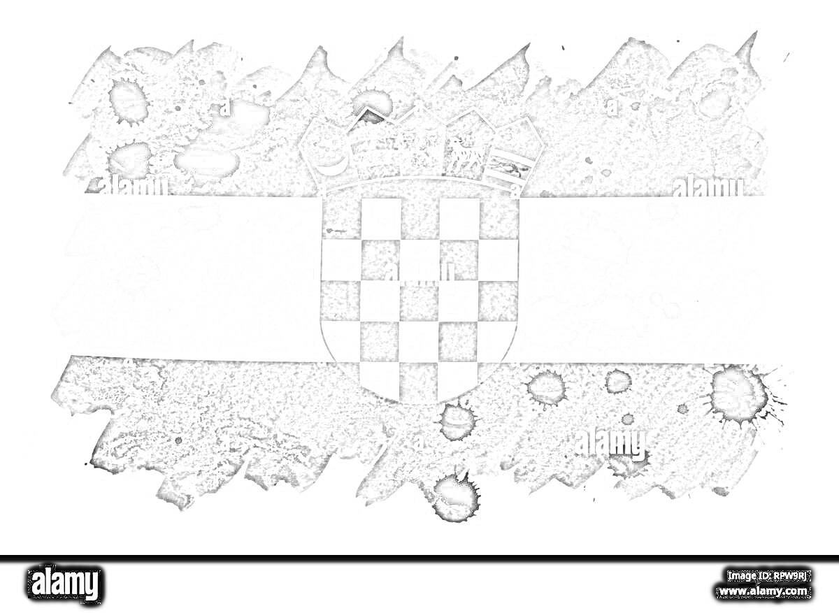 Раскраска Флаг Хорватии с гербом на фоне абстрактных мазков и пятен краски