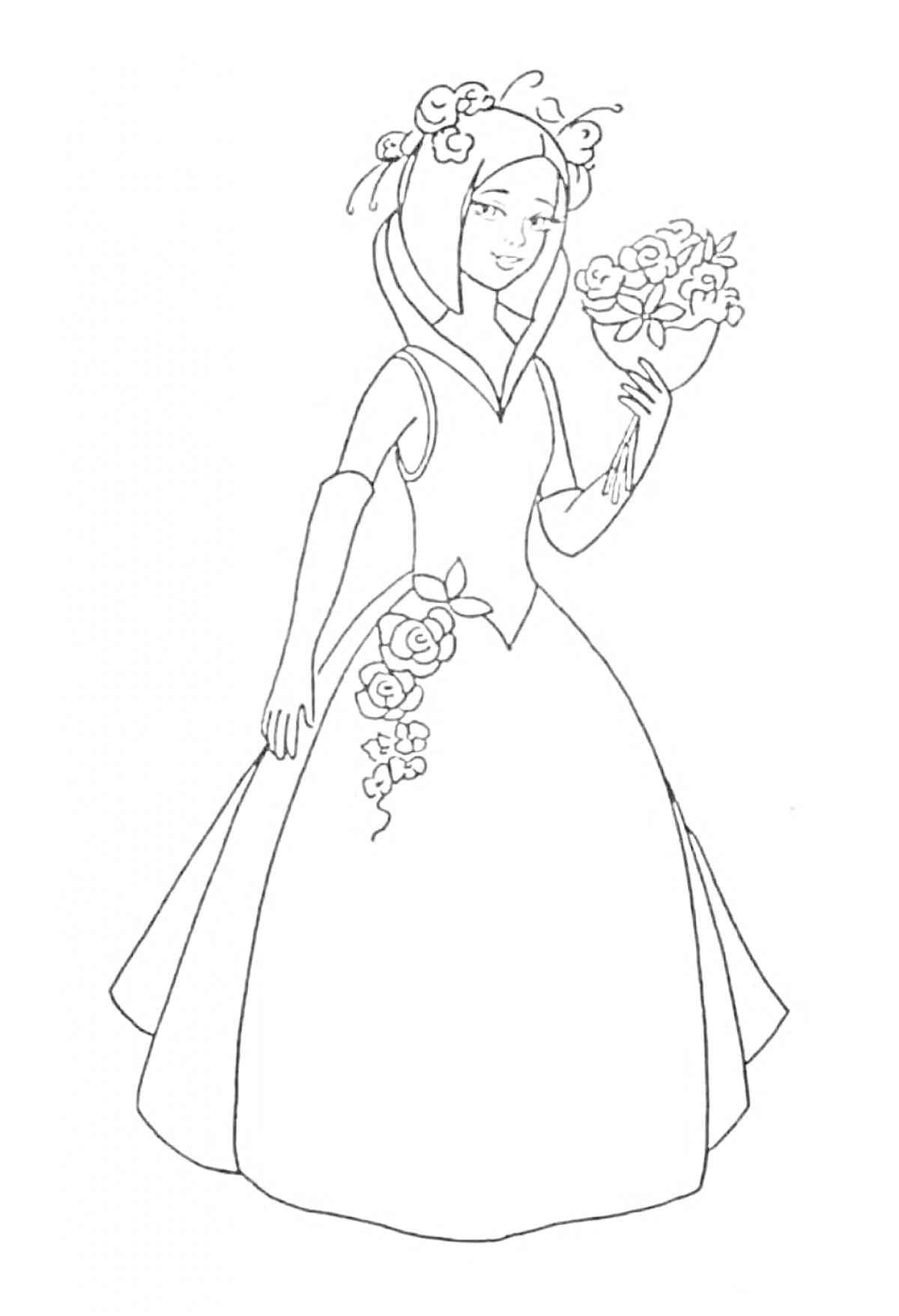 На раскраске изображено: Невеста, Свадьба, Свадебное платье, Букет, Цветы