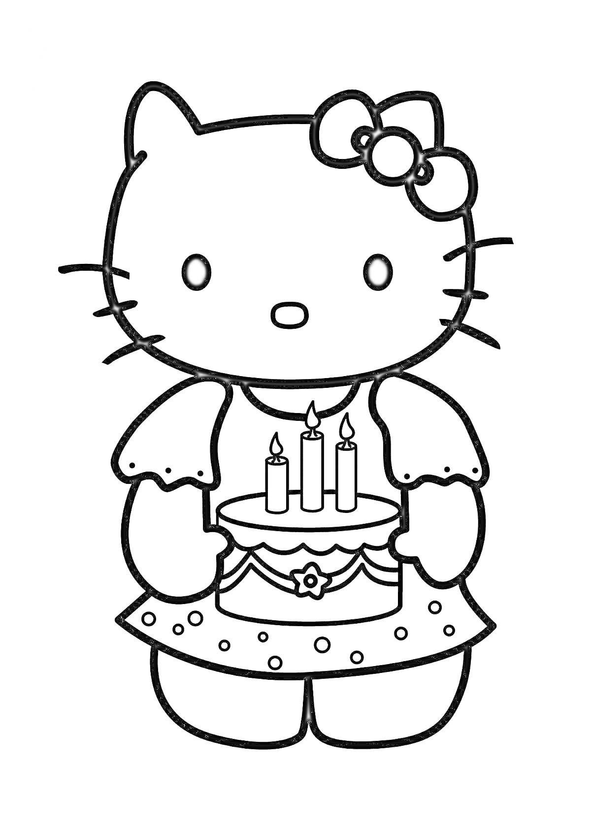 Раскраска Hello Kitty с тортом и тремя свечами