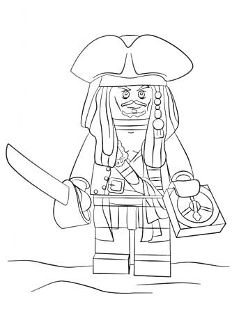 На раскраске изображено: Лего, Меч, Компас, Длинные волосы, Шляпа, Пояс, Куртка, Сапоги, Море, Пираты