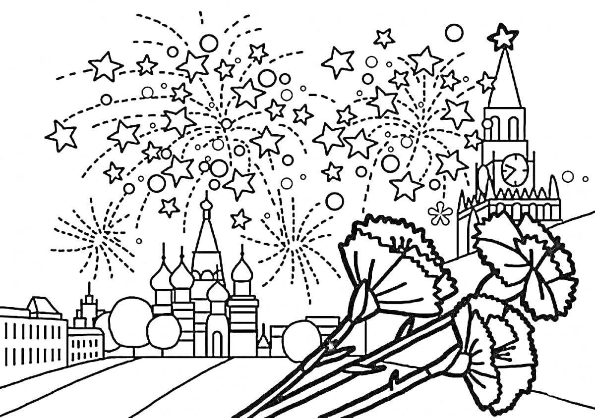 На раскраске изображено: Салют, Цветы, Звезды, Здание, Архитектура, Ночь, Линии, Башни, Города, Фейерверки