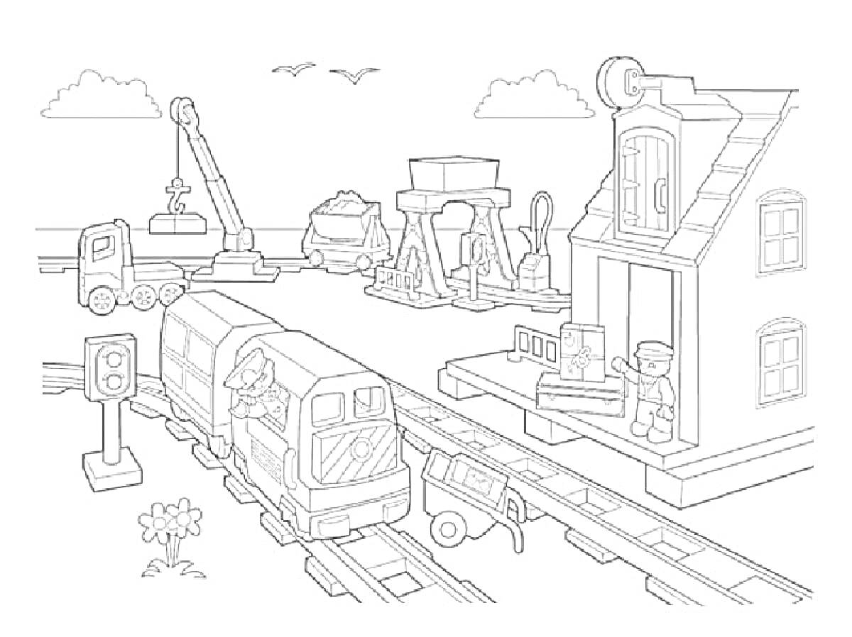 На раскраске изображено: Железнодорожная станция, Поезд, Домик, Кран, Техника, Транспорт, Дороги, Для детей, Облака, Цветы, Птица, Сигналы, Грузовая машина, Работа, 6 лет