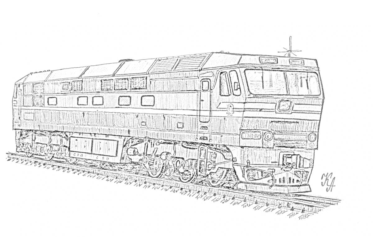 На раскраске изображено: Тепловоз, Поезд, Железная дорога, Транспорт, Рельсы, Вагоны, Локомотив, Железнодорожный транспорт