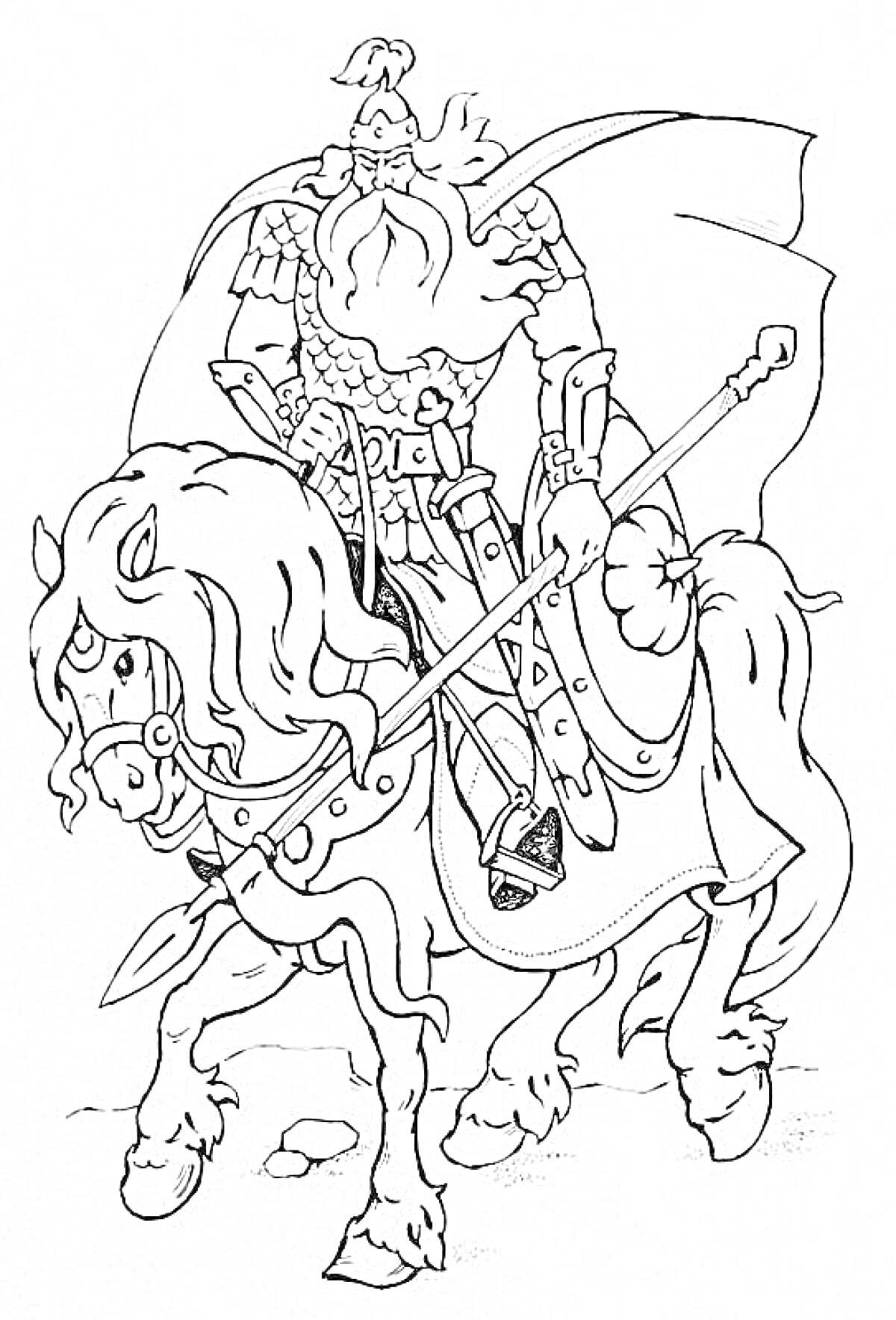 На раскраске изображено: Из сказок, Богатырь, Лошадь, Доспехи, Щит, Копья