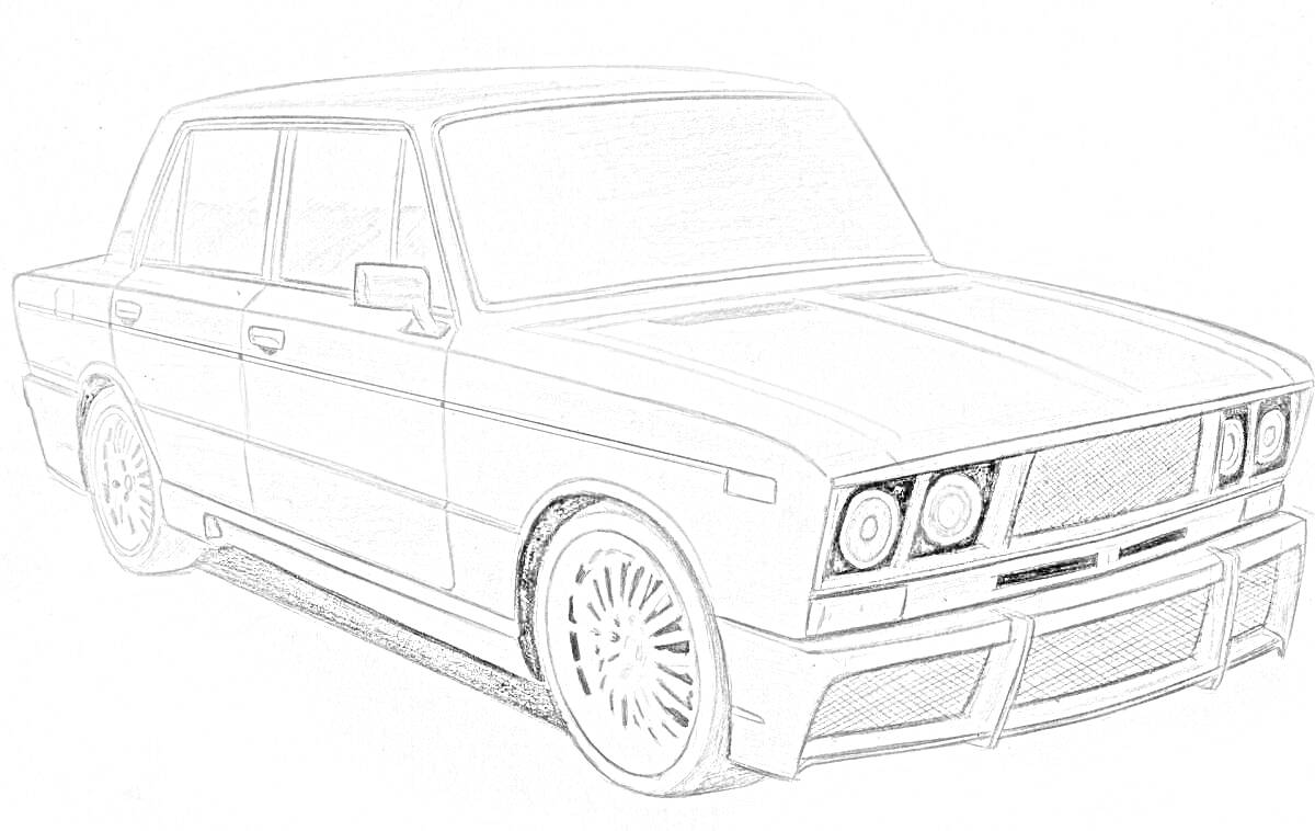 Раскраска Чертеж четырехдверной машины, изображающей ВАЗ-2106 с деталями, включая окна, зеркала, фары, колесные диски и решетку радиатора.