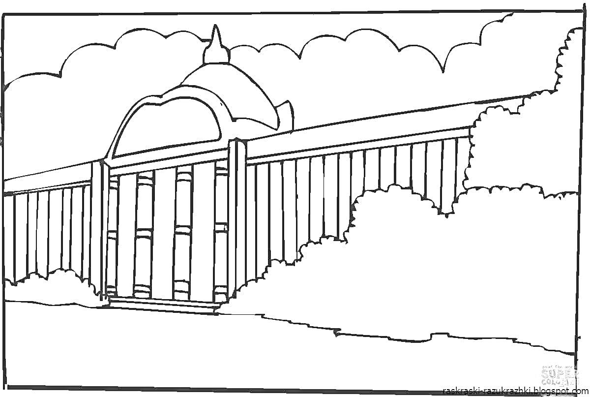 На раскраске изображено: Санкт-Петербург, Здание, Ограда, Облака, Деревья, Архитектура, Пейзаж