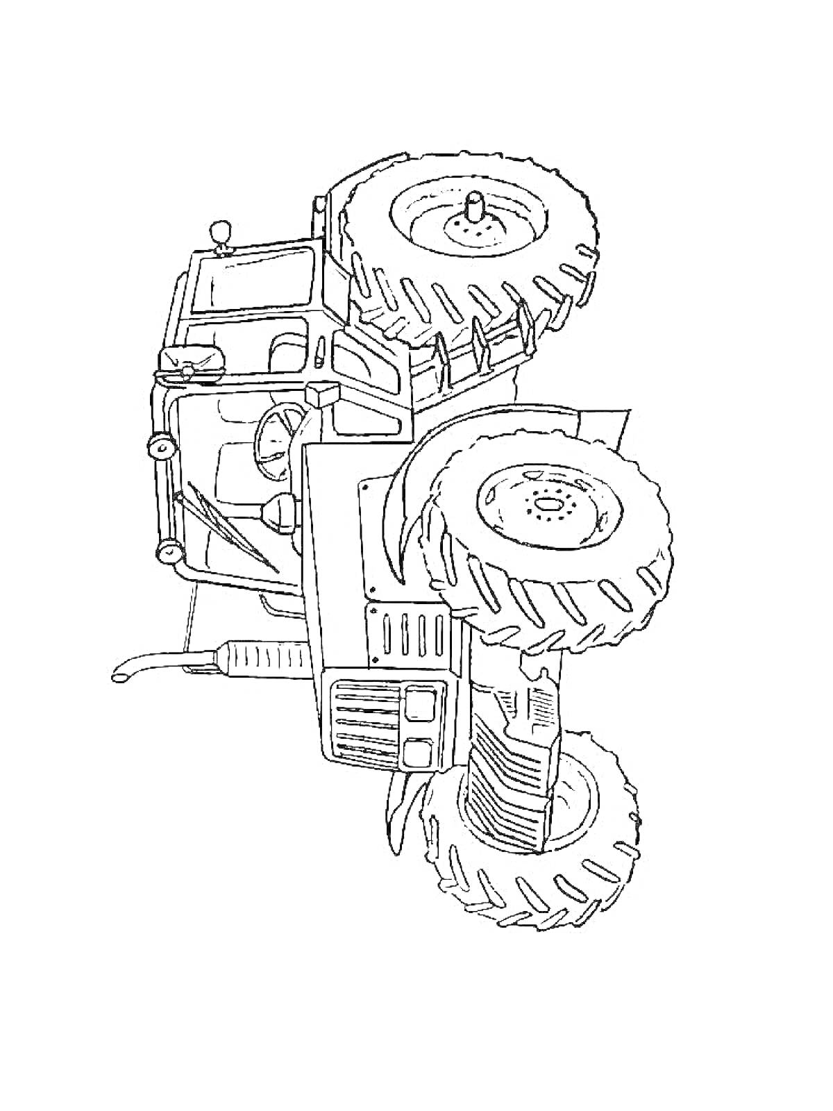 МТЗ трактор, поднятый на задние колеса с большими шинами и кабиной с деталями