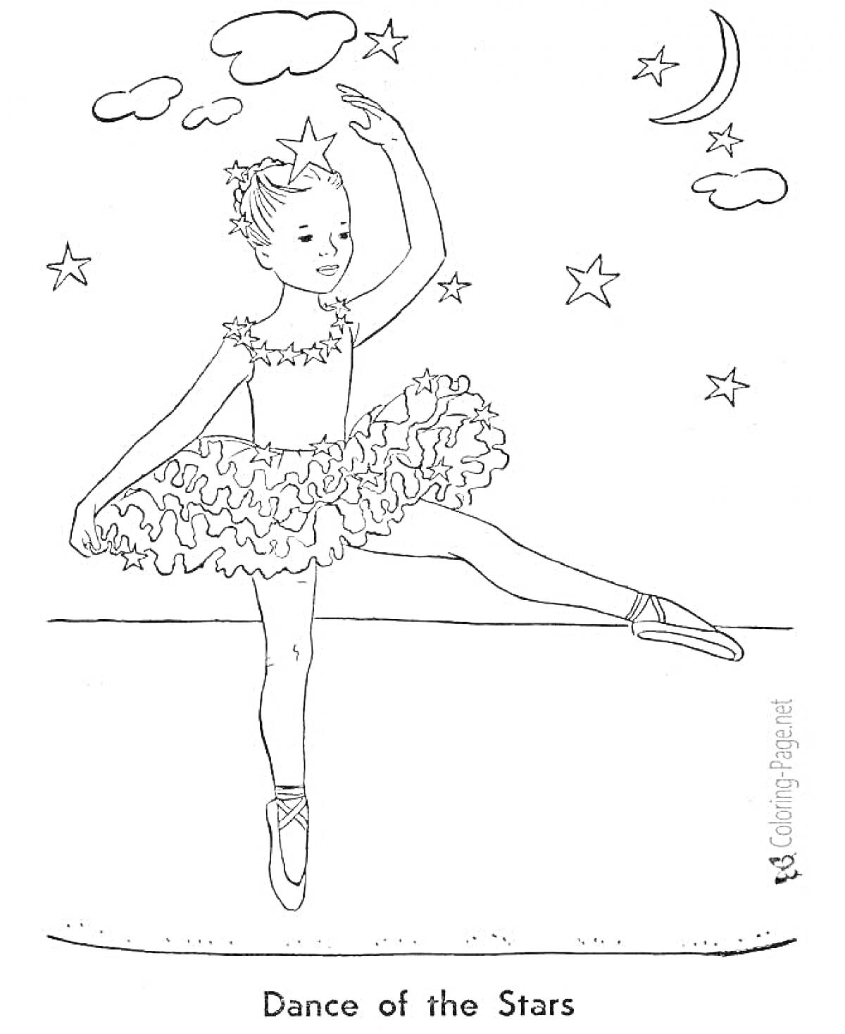 На раскраске изображено: Балерина, Танец, Звезды, Луна, Облака, Пуанты, Пачка, Девочка