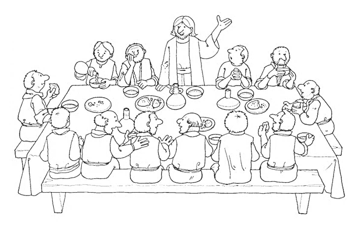 На раскраске изображено: Пир, Еда, Стол, Ужин, Общение, Традиции