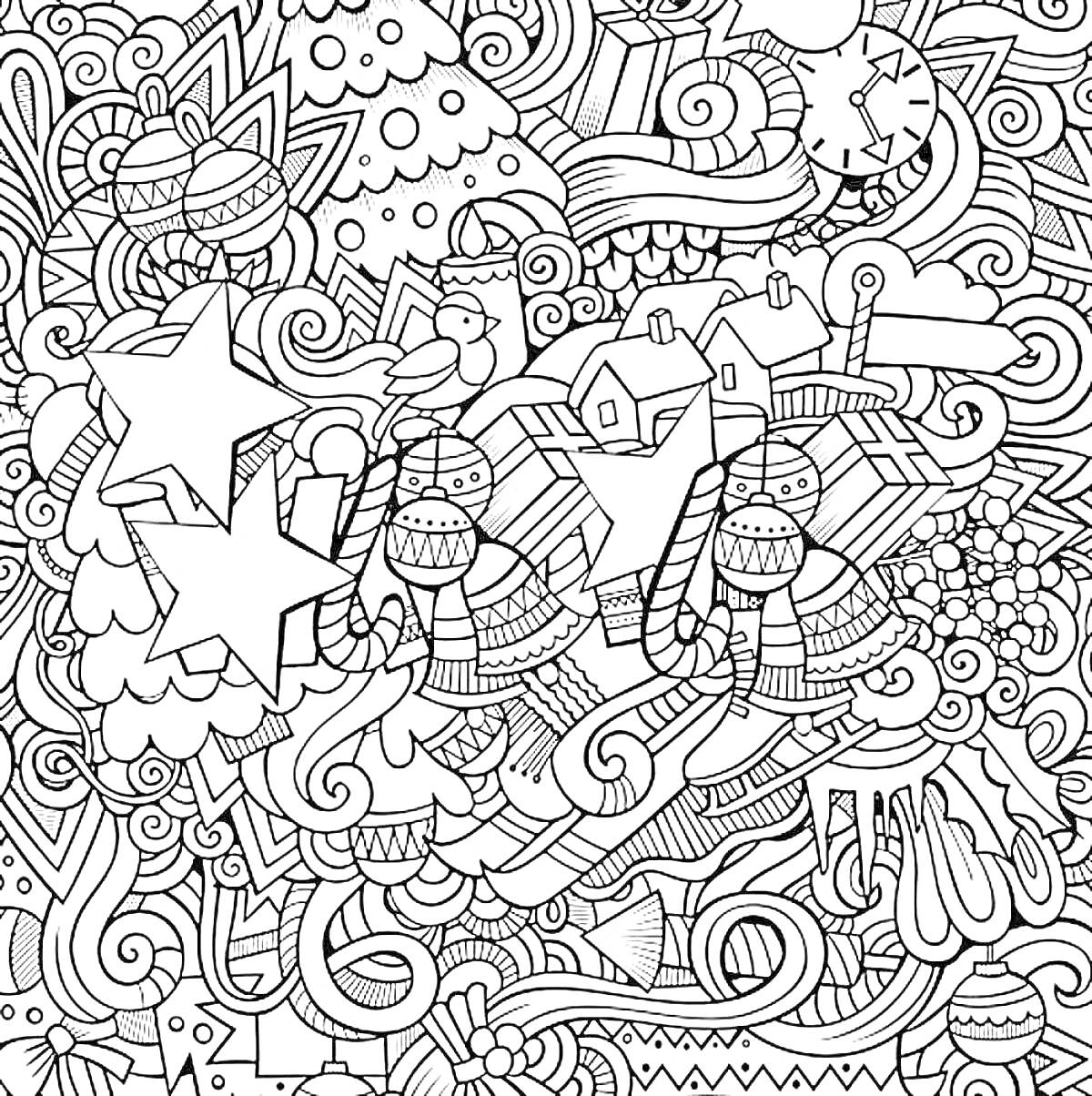 Раскраска Антистрессовая раскраска с изображением новогодней ёлки, часов, ёлочных шаров, подарков, звёзд, домов, рукавиц и уютных зимних элементов.