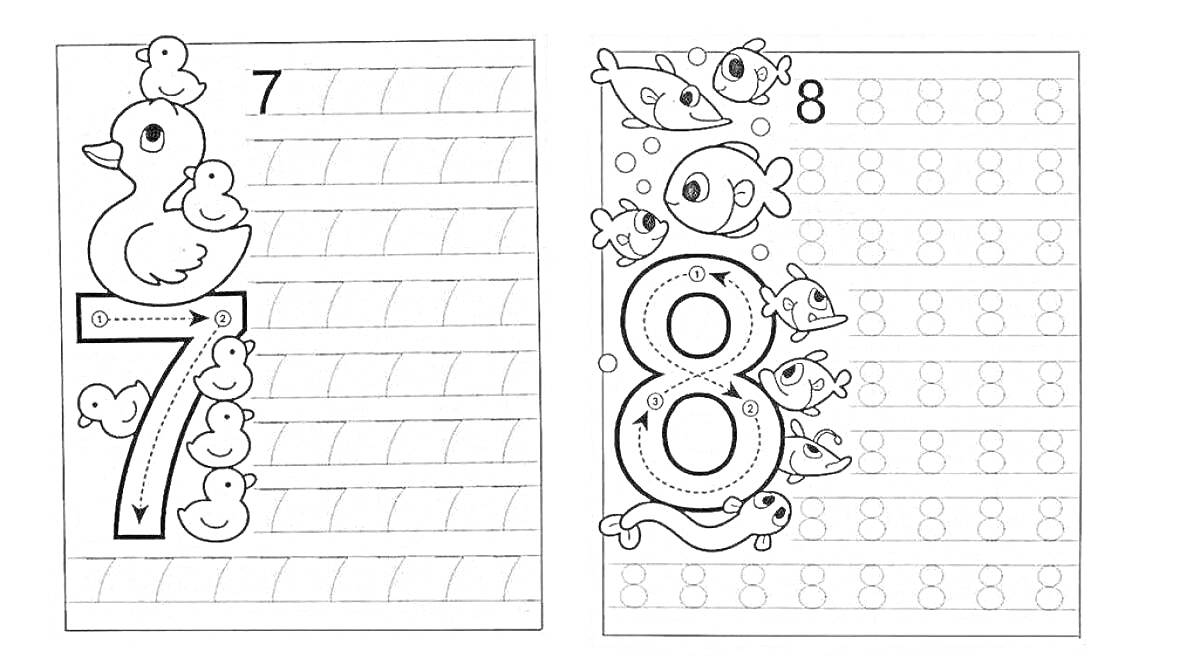 Раскраска Числа 7 и 8 с утками и рыбами для обучения письму цифр