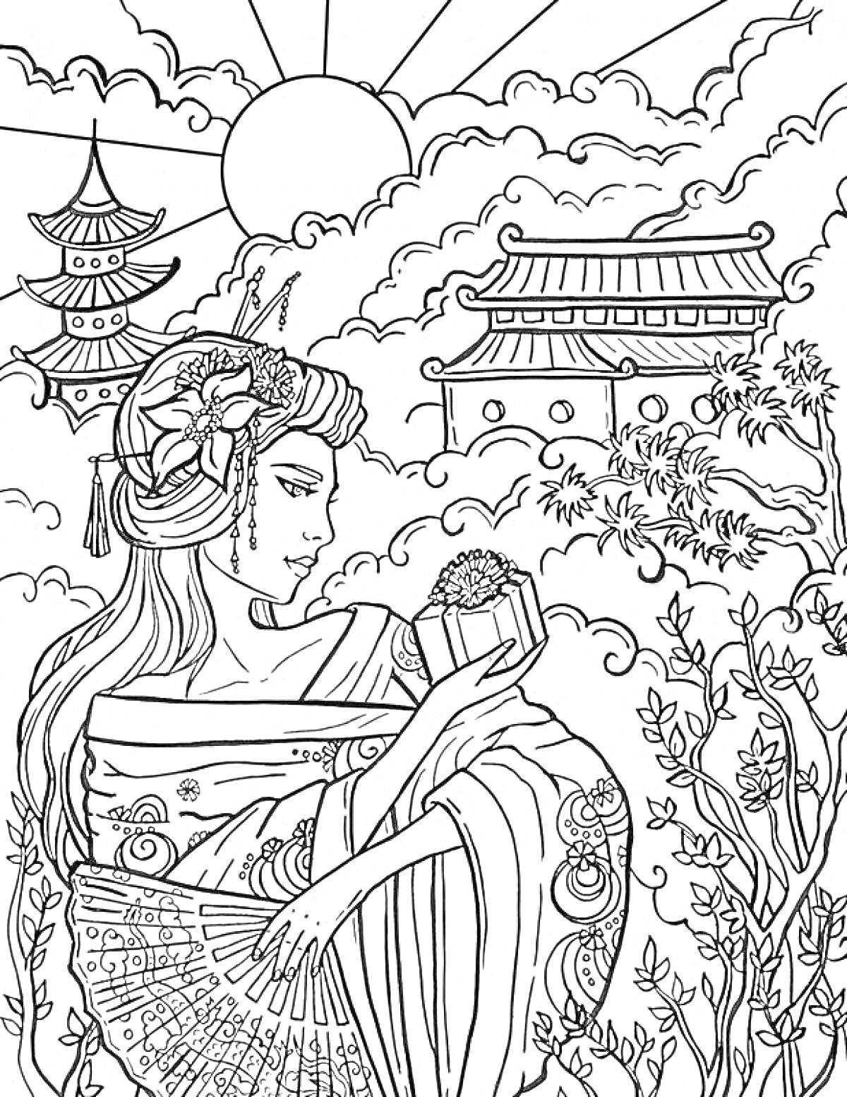Раскраска Китайская женщина в традиционном наряде с веером и коробочкой в руках на фоне пагоды и традиционного здания с восходящим солнцем и растительностью