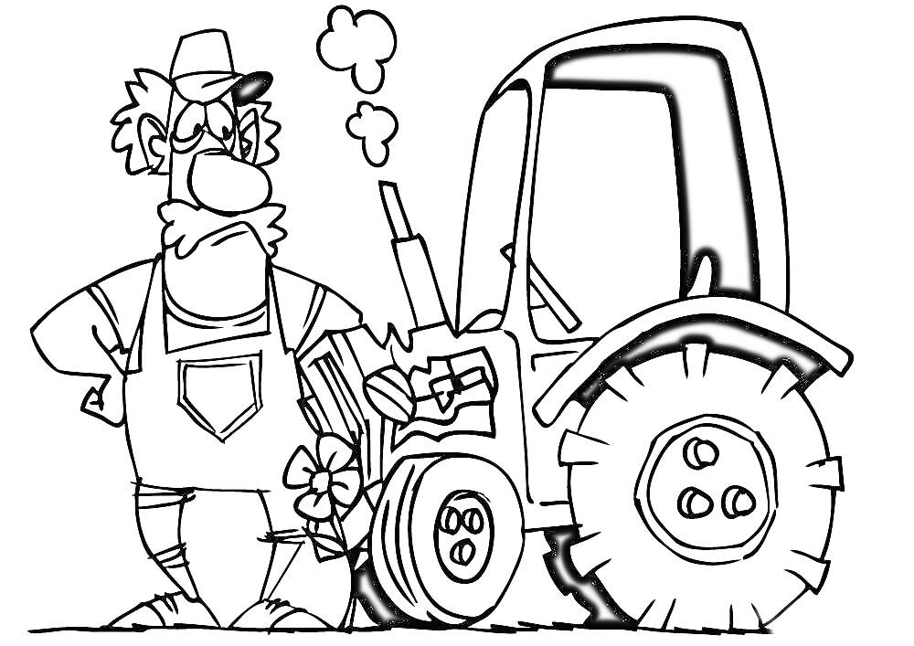 Человек в кепке и фартуке возле сломанного трактора с поднимающимся паром