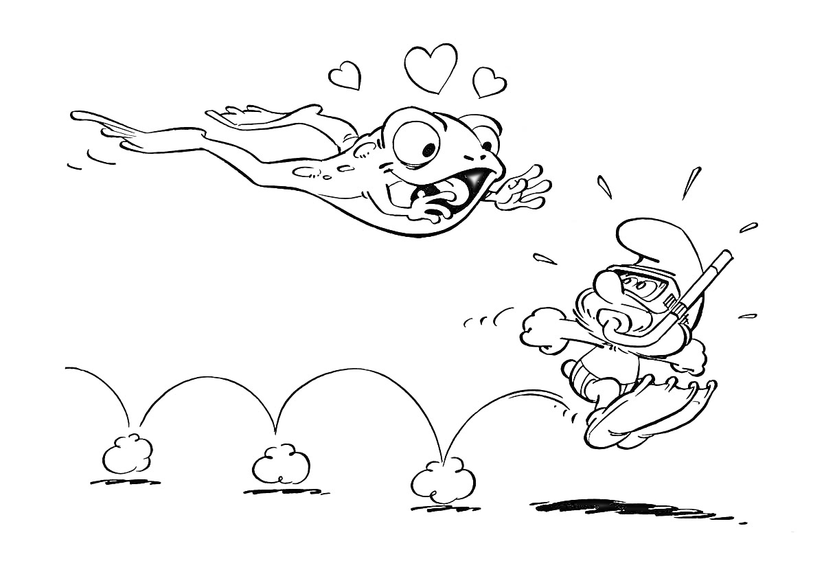 Раскраска Летающая жаба с сердечками и смурф, прыгающий от неё