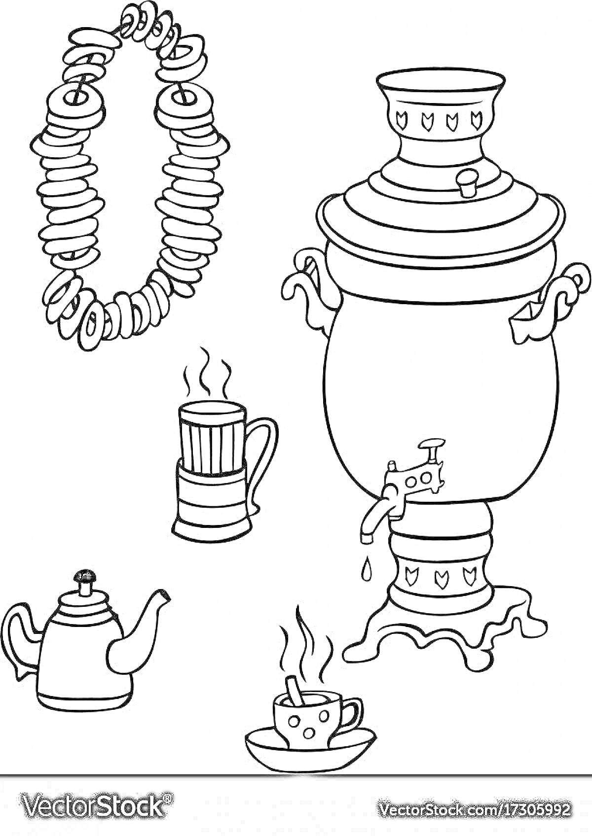 Раскраска Самовар с чашкой, чайником, кружкой и баранками