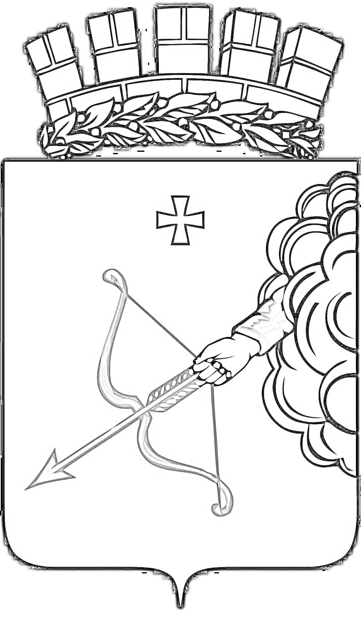 Раскраска Герб Кировской области с короной из крепостных стен, перекрещенными лавровыми ветвями, крестом, выходящей за туч облака рукой с натянутым луком и стрелой.