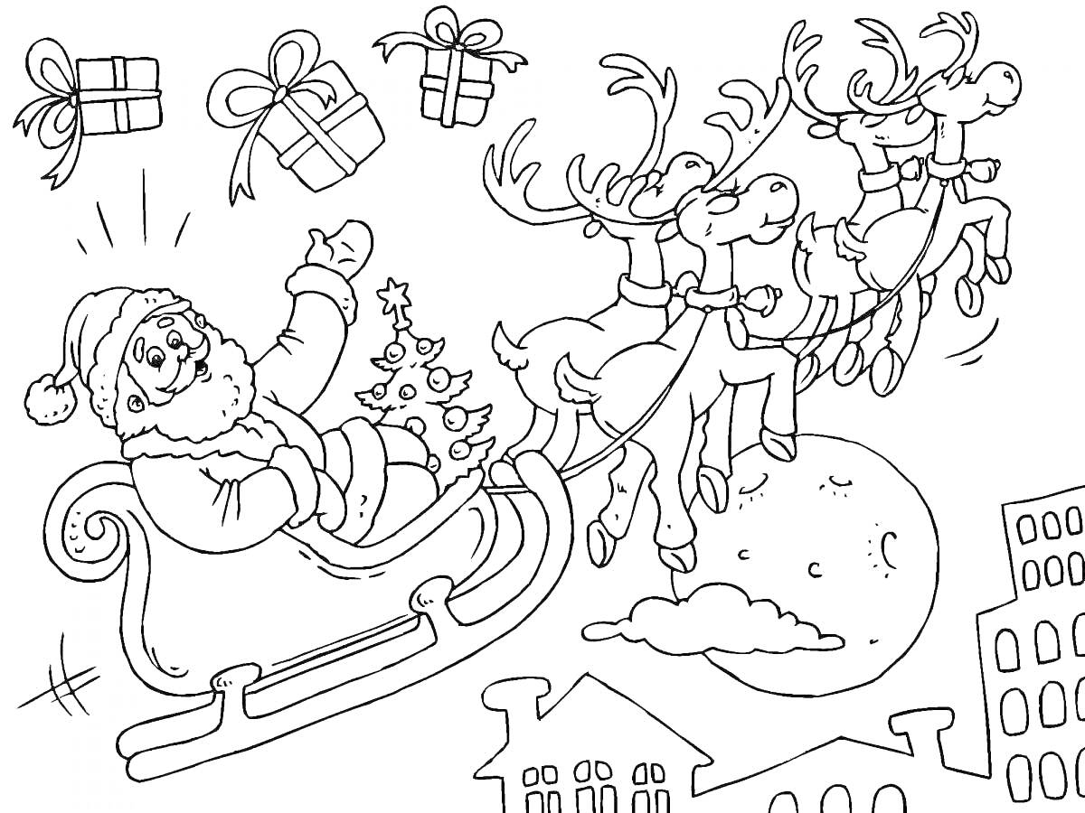 Раскраска Санта-Клаус в санях с оленями над городом, с подарками и полумесяцем на фоне