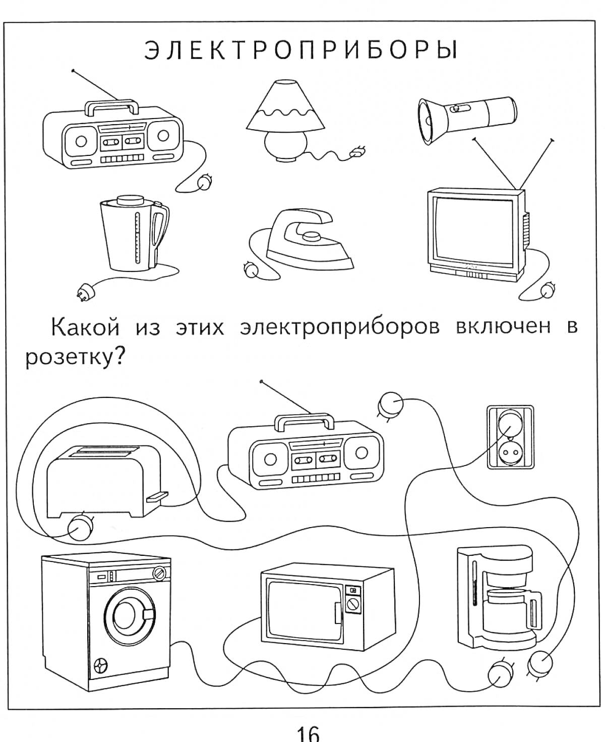 На раскраске изображено: Электроприборы, Радиоприемник, Настольная лампа, Электрический чайник, Утюг, Телевизор, Тостер, Стиральная машина, Микроволновая печь, Кофеварка, 4 года, 5 лет