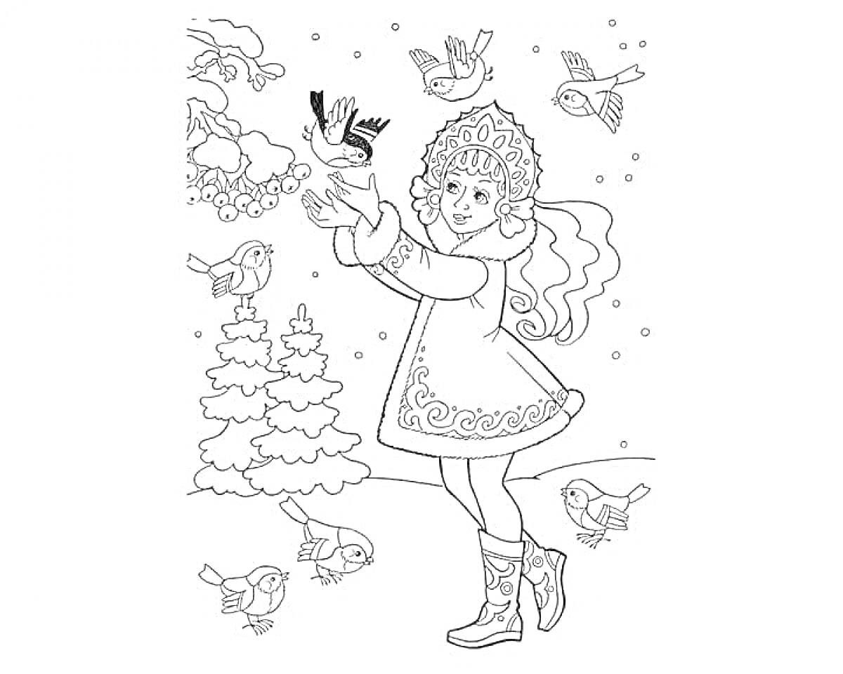 Раскраска Девочка-снегурка с птицами в зимнем лесу, окруженная елями и падающим снегом