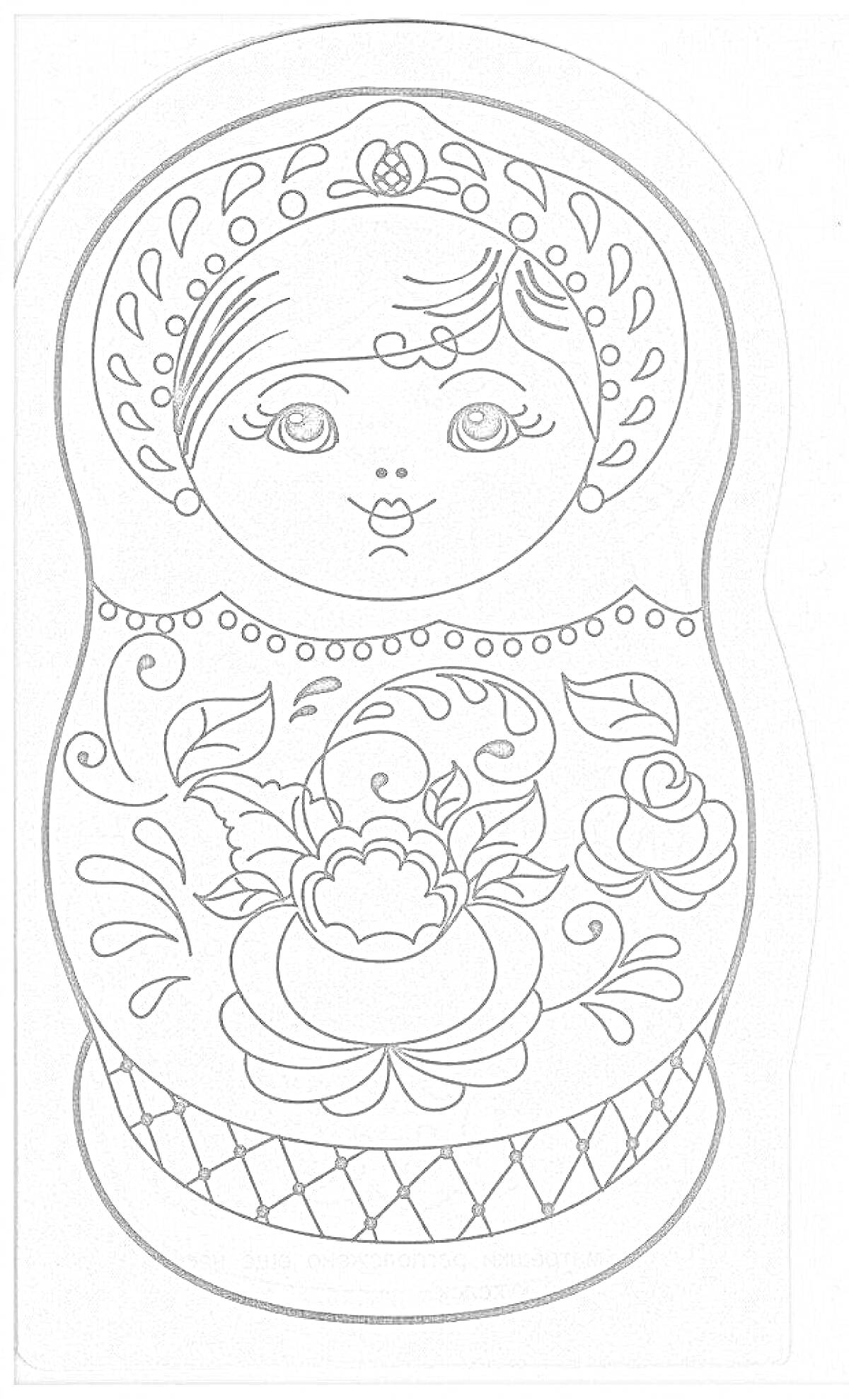 Раскраска Матрешка гжель с цветочным узором, завитками и ромбовидным орнаментом