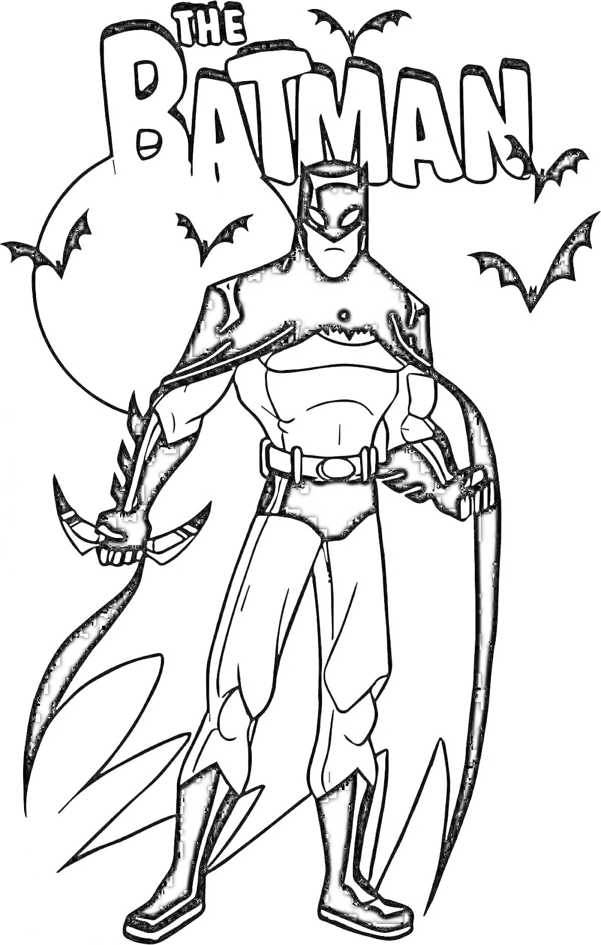 На раскраске изображено: Бэтмен, Комиксы, Экшн, Боевое снаряжение