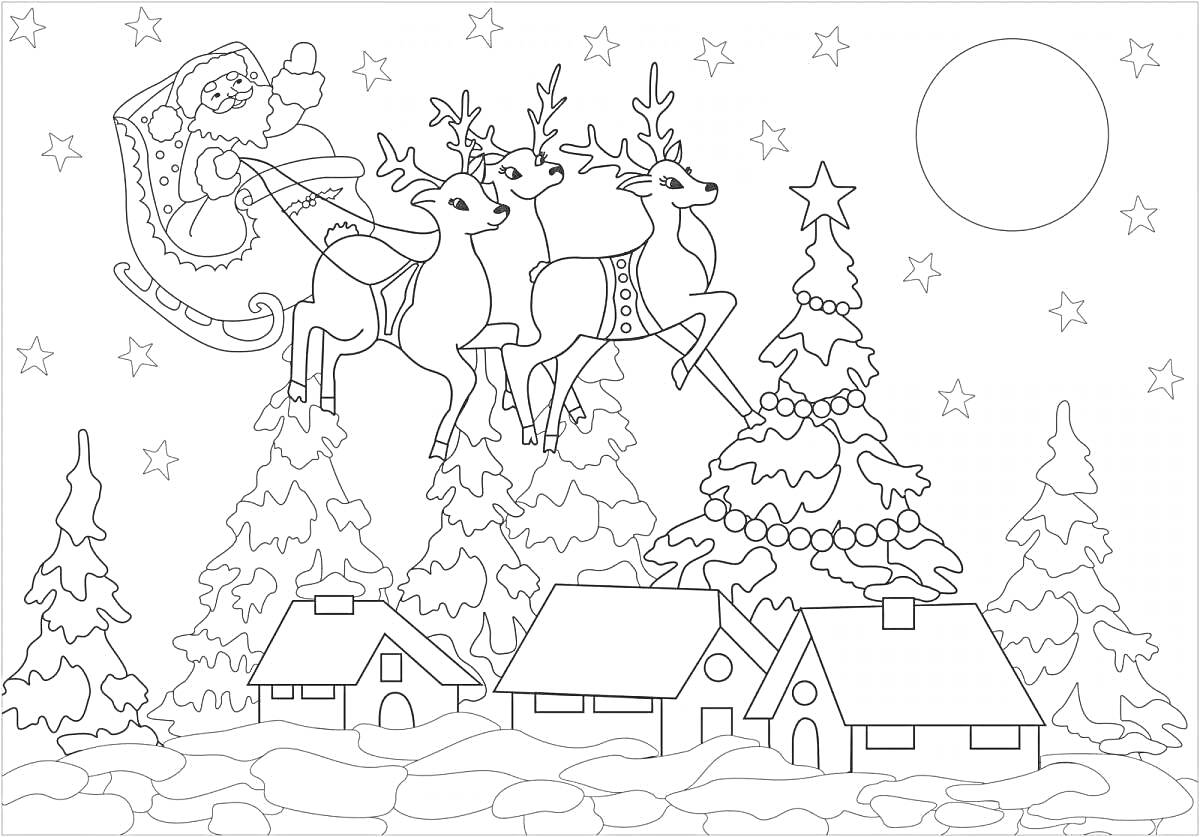На раскраске изображено: Дед Мороз, Сани, Ночь, Звезды, Луна, Зимний лес, Снег