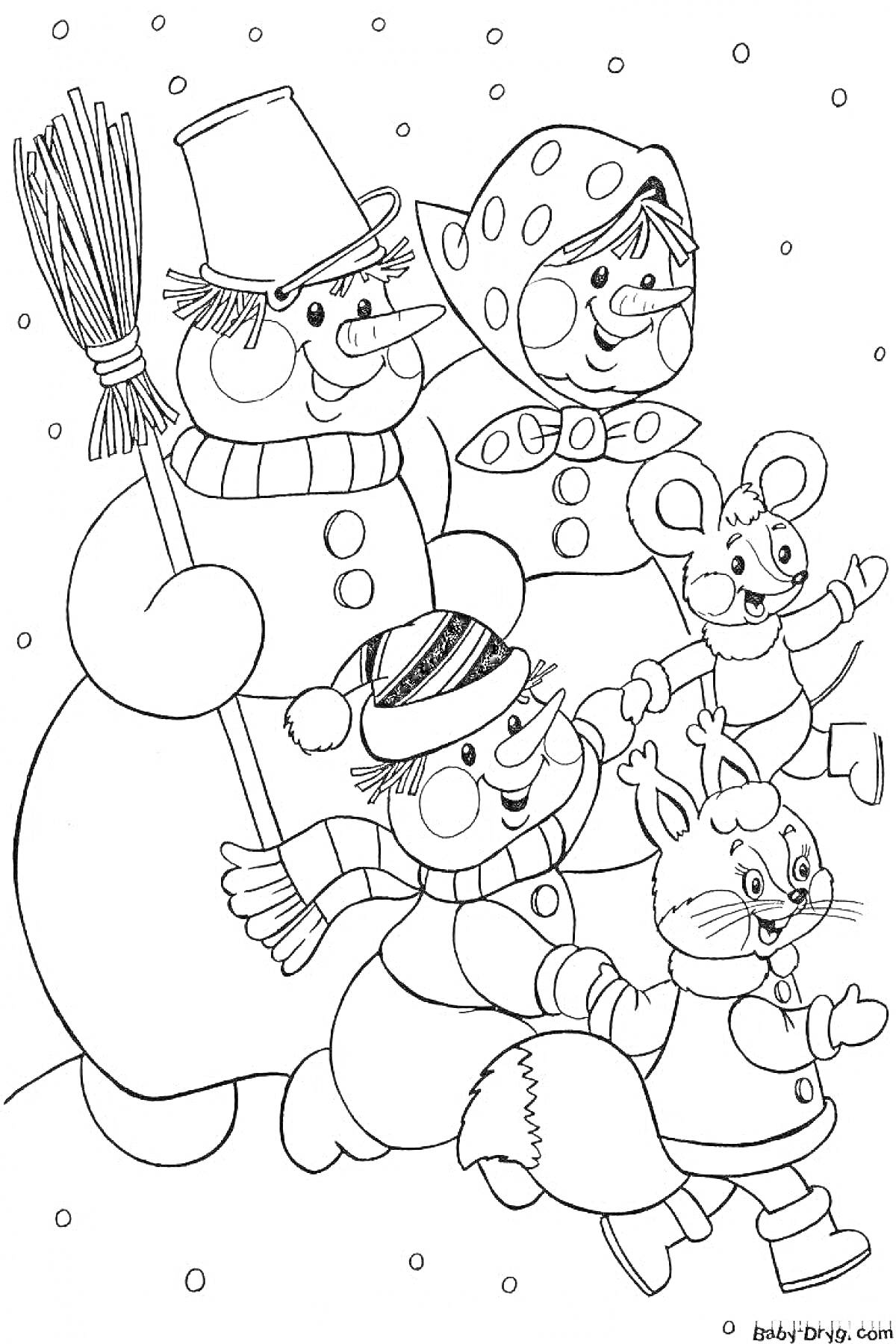 Раскраска Снеговик с веником, девочка в косынке, мальчик в шапке, мышонок, зайчонок на фоне снега
