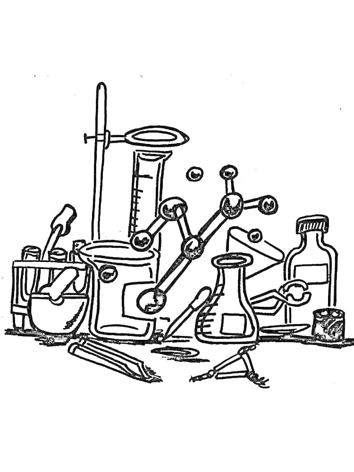 Лаборатория с пробирками, колбой, склянкой, штативом, молекулой, ступкой с пестиком, пипеткой и чашкой Петри