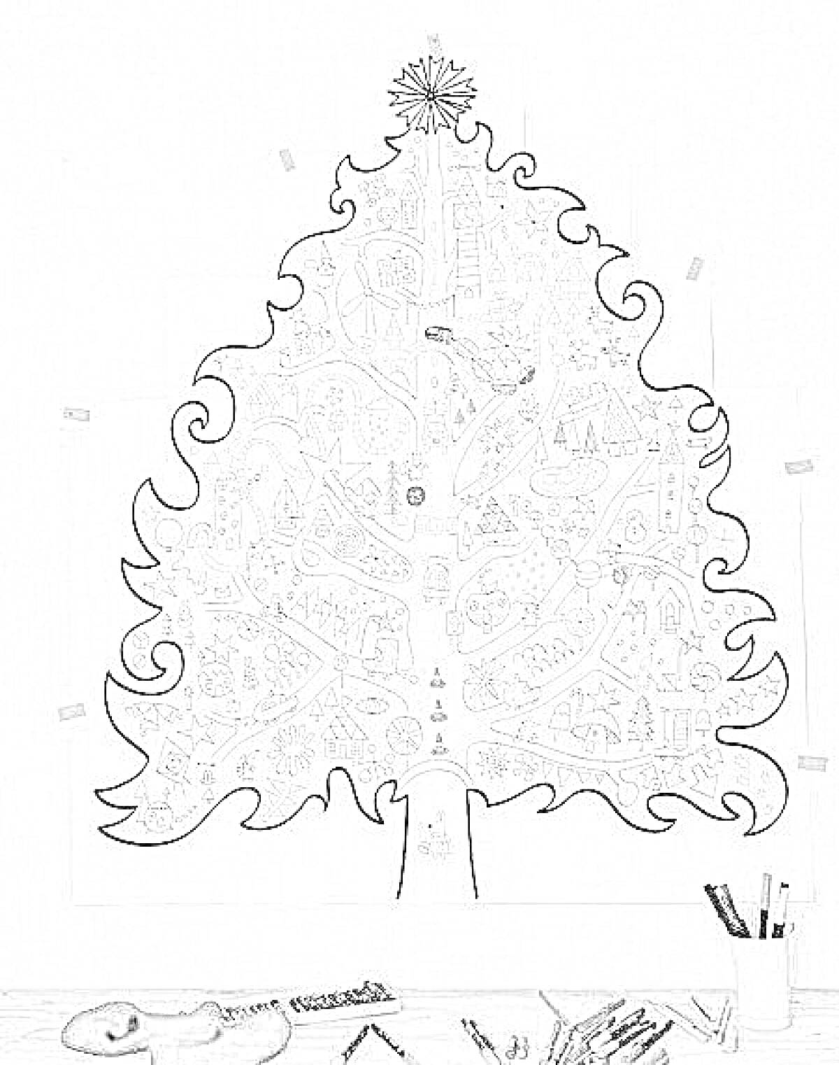 Раскраска Большая елка с множеством сказочных деталей и игрушек, украшенная звездами, домиками, животными, деревьями, снеговиками и другими элементами