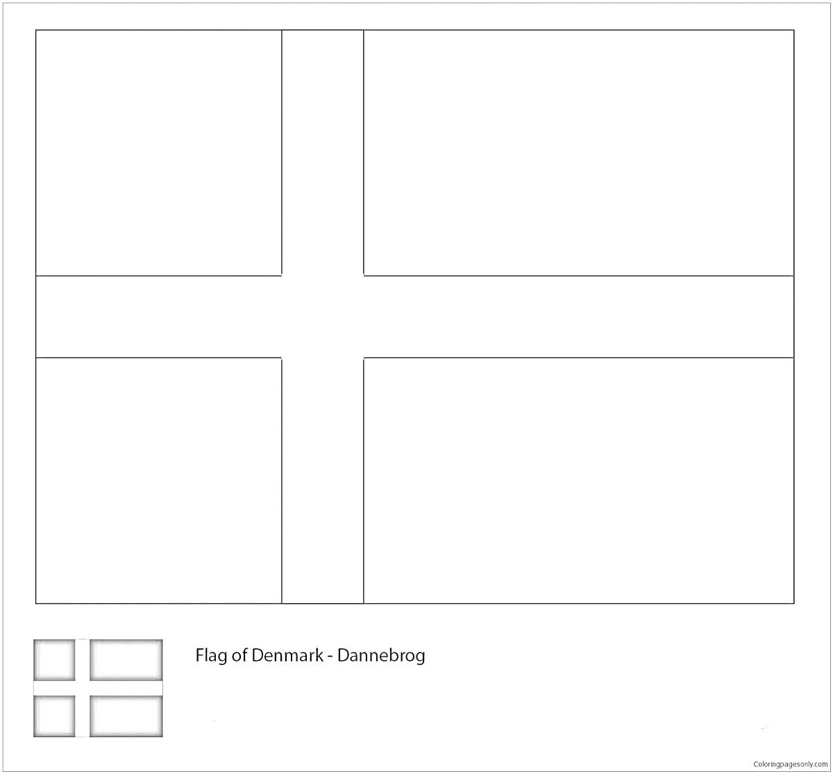 Раскраска Раскраска флаг Дании - Данеброг с изображением схемы флага и небольшого примера раскраски в нижнем левом углу