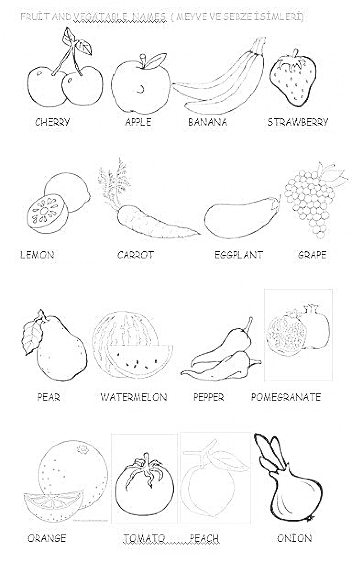 Раскраска Cherry, Apple, Banana, Strawberry, Lemon, Carrot, Eggplant, Grape, Pear, Watermelon, Pepper, Pomegranate, Orange, Tomato, Peach, Onion