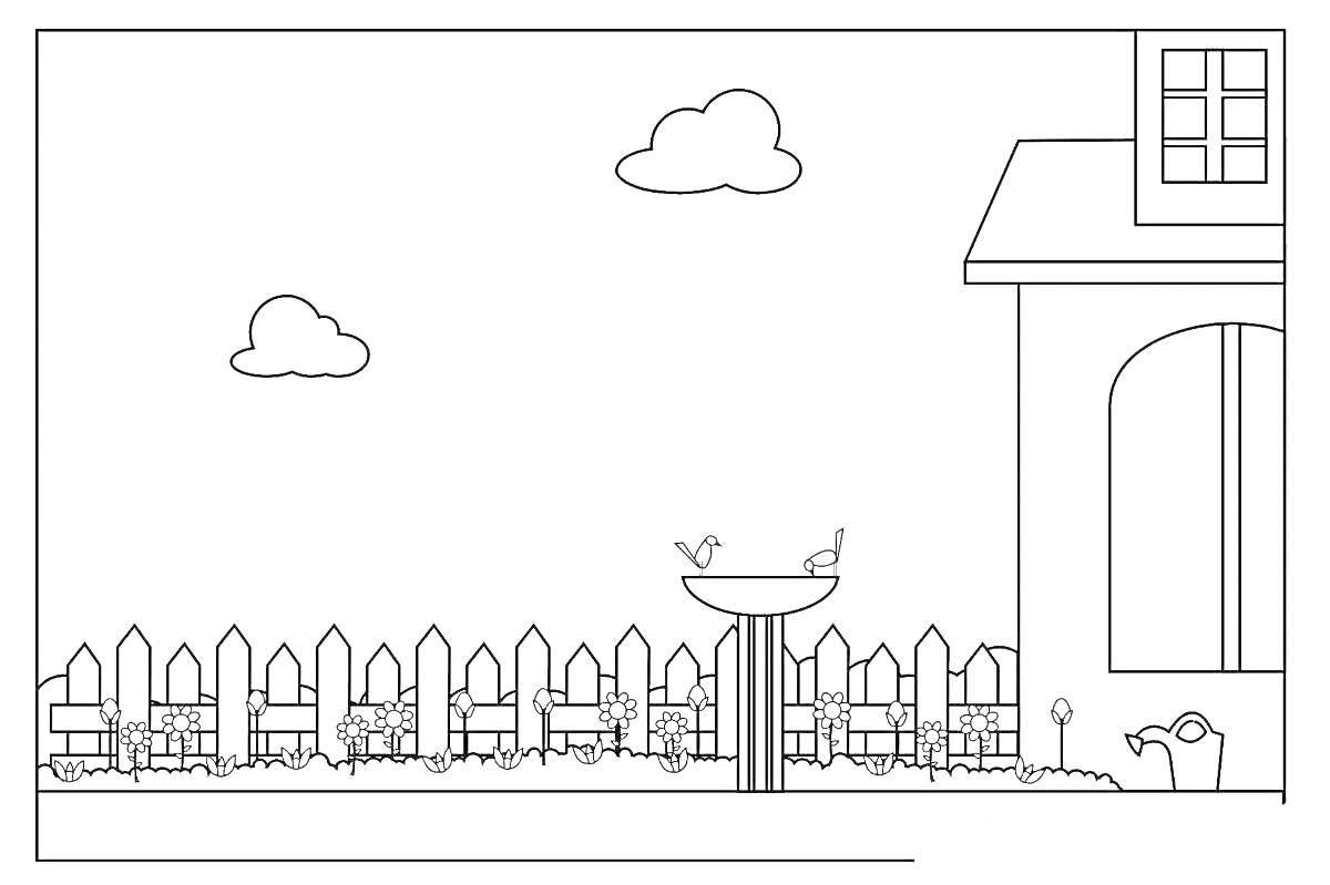 На раскраске изображено: Двор, Город будущего, Дом, Облака, Забор, Клумбы, Лейка