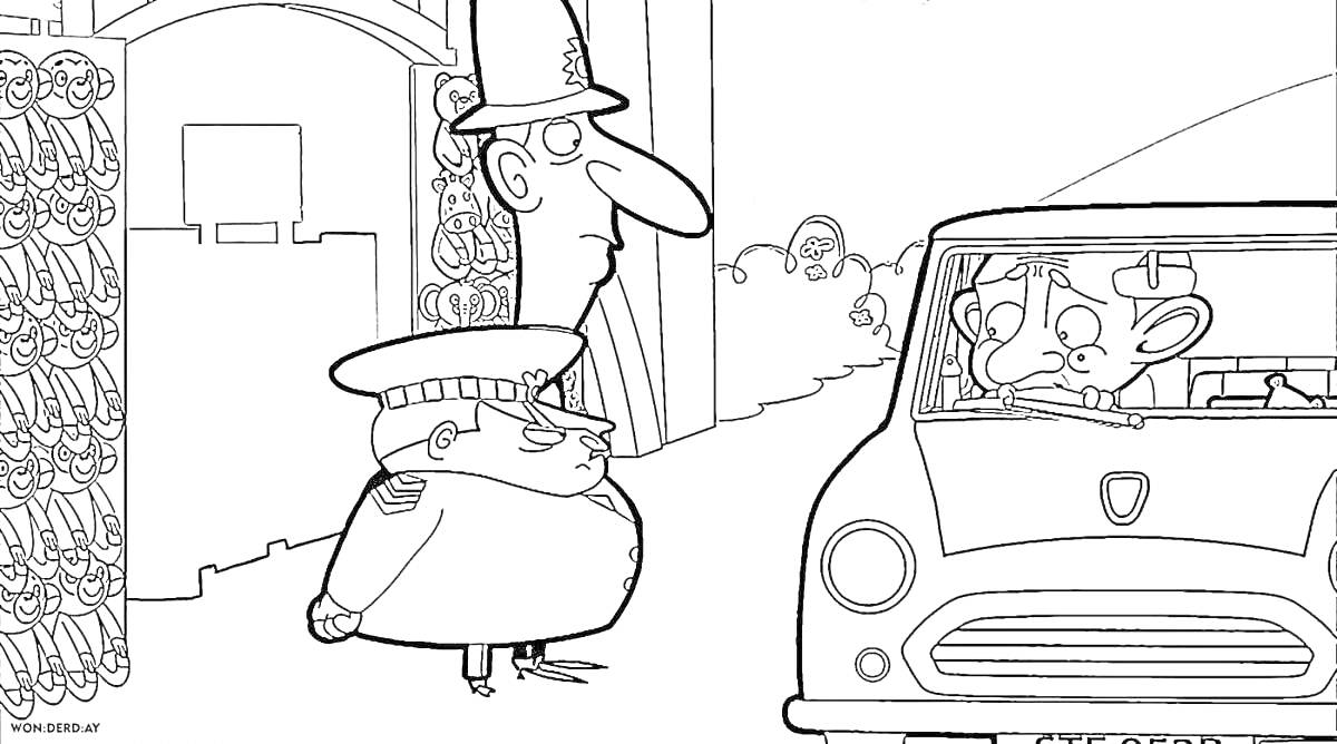 Раскраска Мистер Бин в машине у ворот, рядом с двумя полицейскими