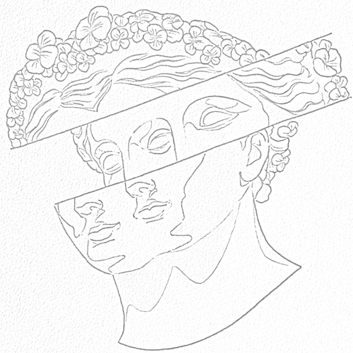 Скульптура головы с разрезанными сегментами и венком из цветов на голове