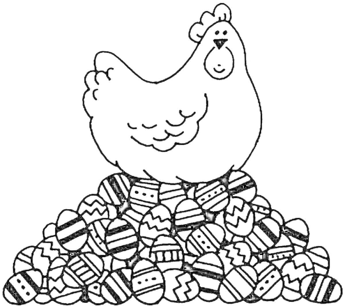 На раскраске изображено: Пасхальные яйца, Пасха, Курицы